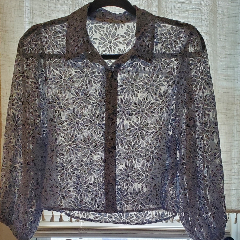 Zara Top Blouse Floral S Blue/White